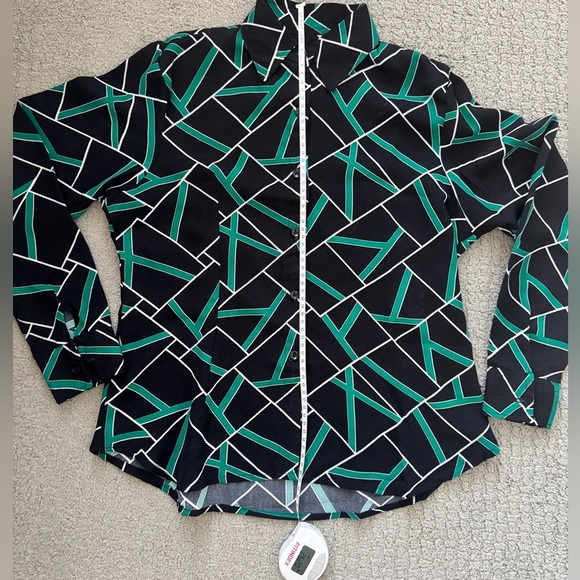 Long Sleeve Green, Black, White Print Button Up Blouse - Picture 4 of 6